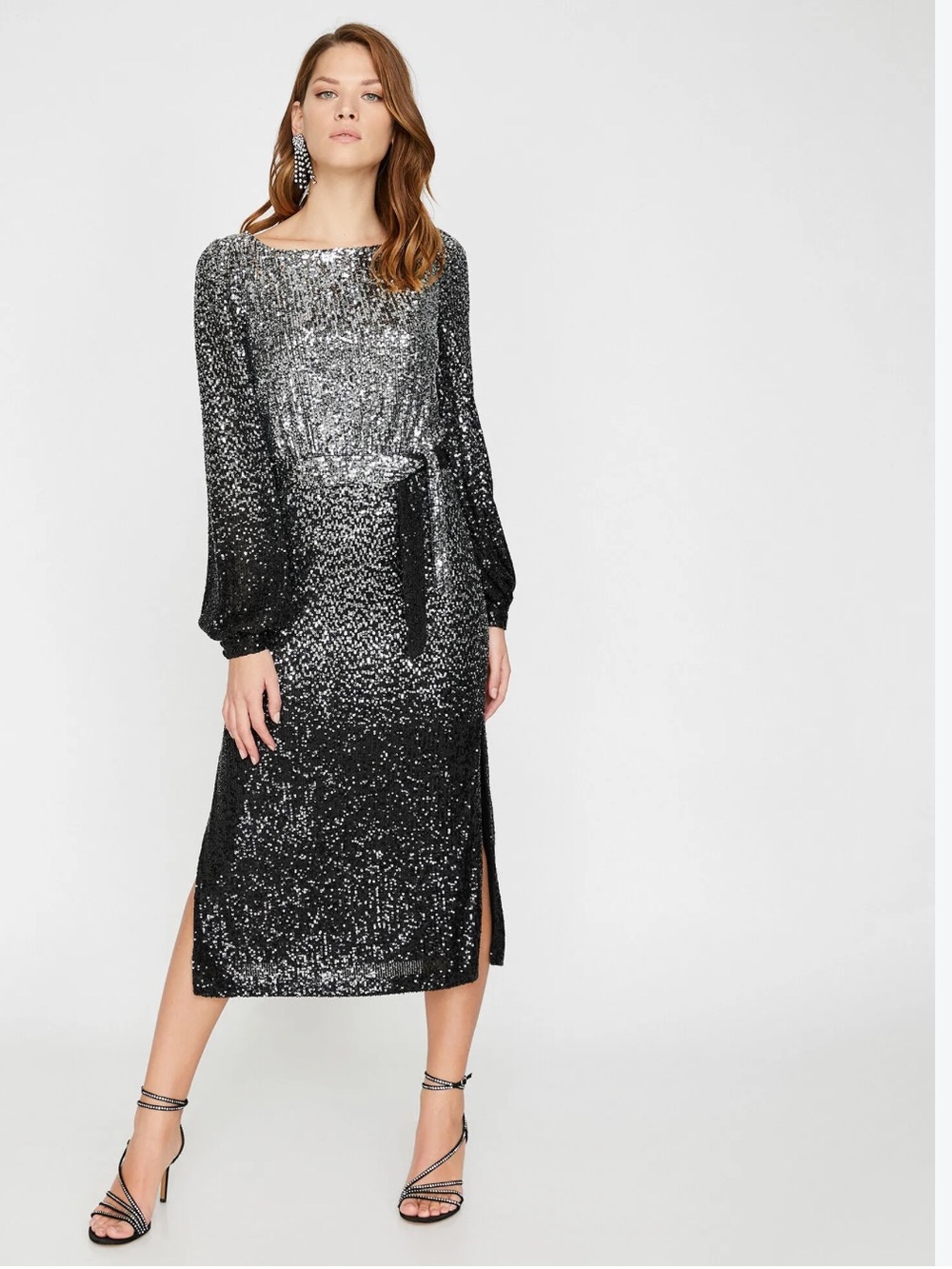 KOTON x Arzu Sabanci Sequin Midi Dress Small Black Silver Party Cocktail Event